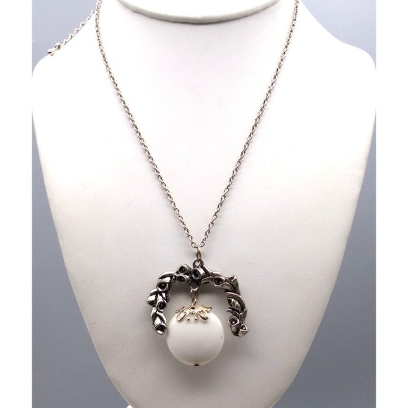 Vintage Lily Laurel Pendant with Dangling White Disc Bead, Silver Tone Chain - Picture 1 of 4